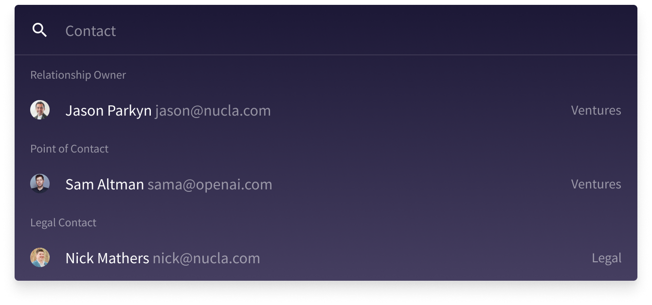 The Contact button automatically pulls in every contact associated with a relationship to kickstart collaboration.