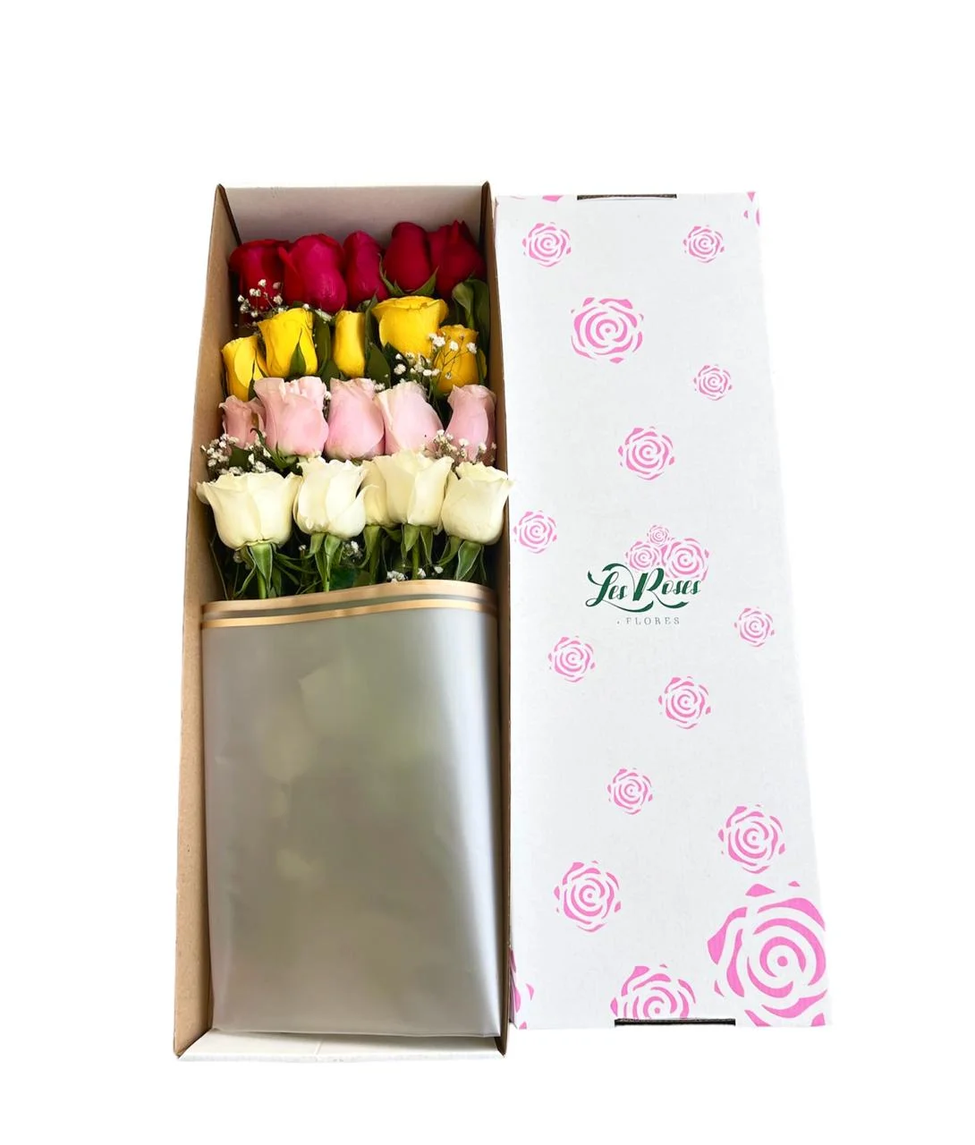 Flores De Rosas De Colores En Estuche 24 Unidades Surtidas — Celebraciones. Arreglo floral de Flores Les Roses con envío a domicilio en Bogotá.