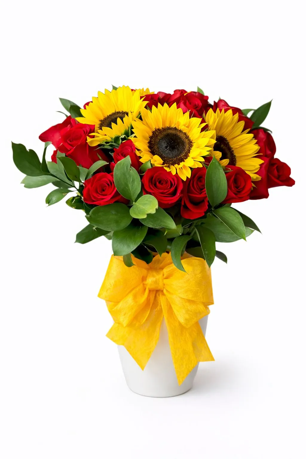 Rosas Rojas Y Girasoles En Jarrón Blanco — Romance. Arreglo floral de Flores Les Roses con envío a domicilio en Bogotá.