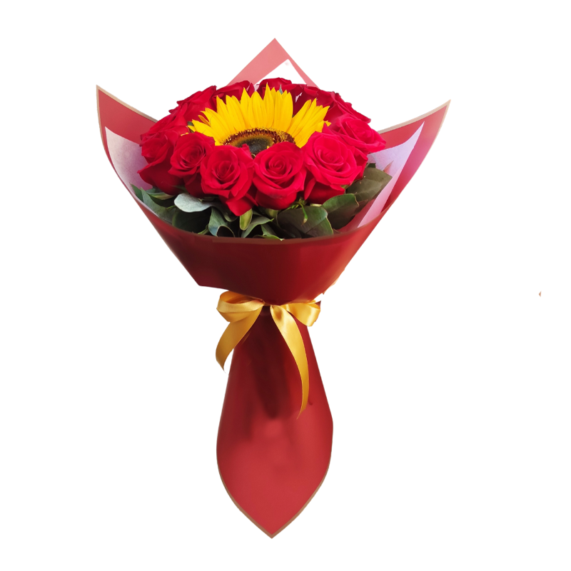 Flores Ramo De Rosas Rojas X12 Y Unidad Girasol — Romance. Arreglo floral de Flores Les Roses con envío a domicilio en Bogotá.