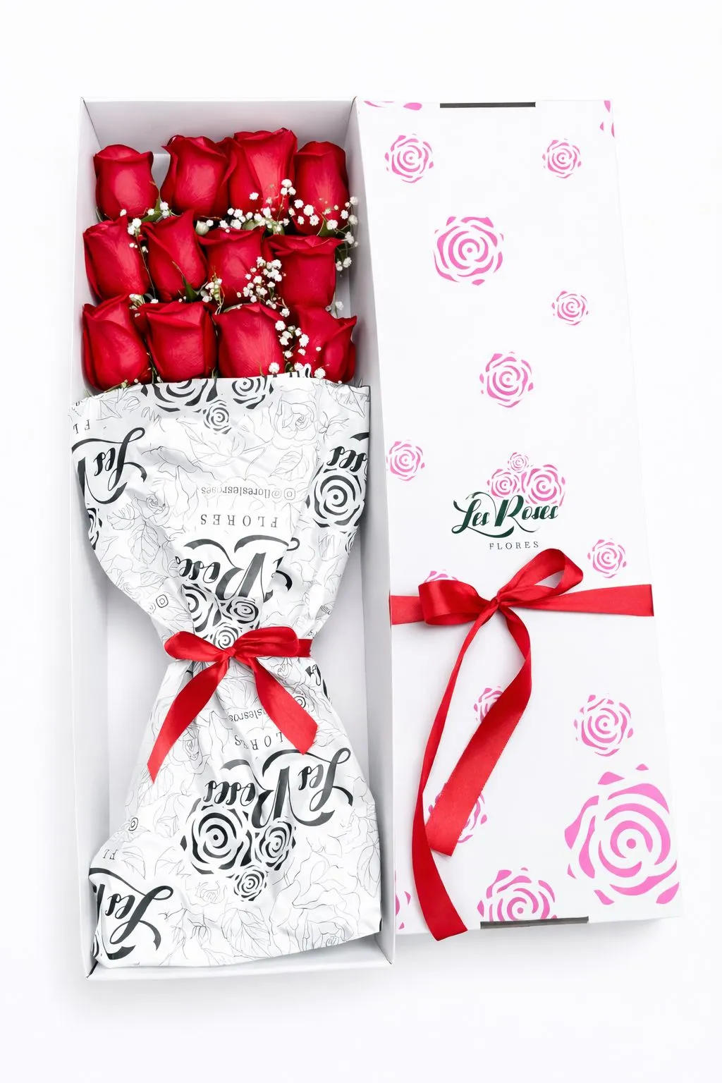 Flores De Rosas Rojas En Estuche 12 Unidades — Romance. Arreglo floral de Flores Les Roses con envío a domicilio en Bogotá.