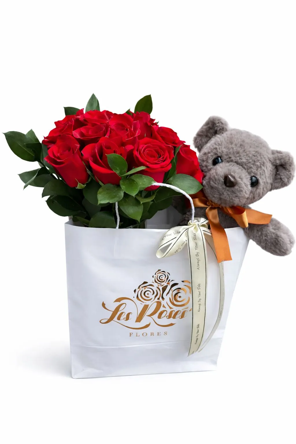 Rosas Rojas Y Peluche — Romance. Arreglo floral de Flores Les Roses con envío a domicilio en Bogotá.