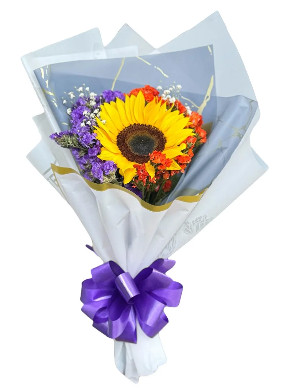 Girasol Y Siempre Vivas En Papel Coreano — Agradecimientos. Arreglo floral de Flores Les Roses con envío a domicilio en Bogotá.