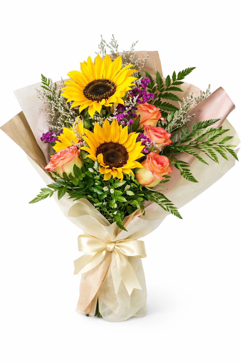 Para ella: Flores amarillas, girasoles y rosas — Romance. Arreglo floral de Flores Les Roses con envío a domicilio en Bogotá.
