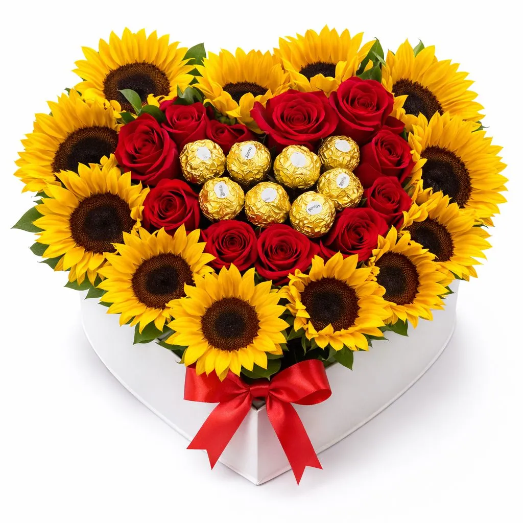 Flores De Girasoles Y Rosas Rojas En Corazón — Romance. Arreglo floral de Flores Les Roses con envío a domicilio en Bogotá.