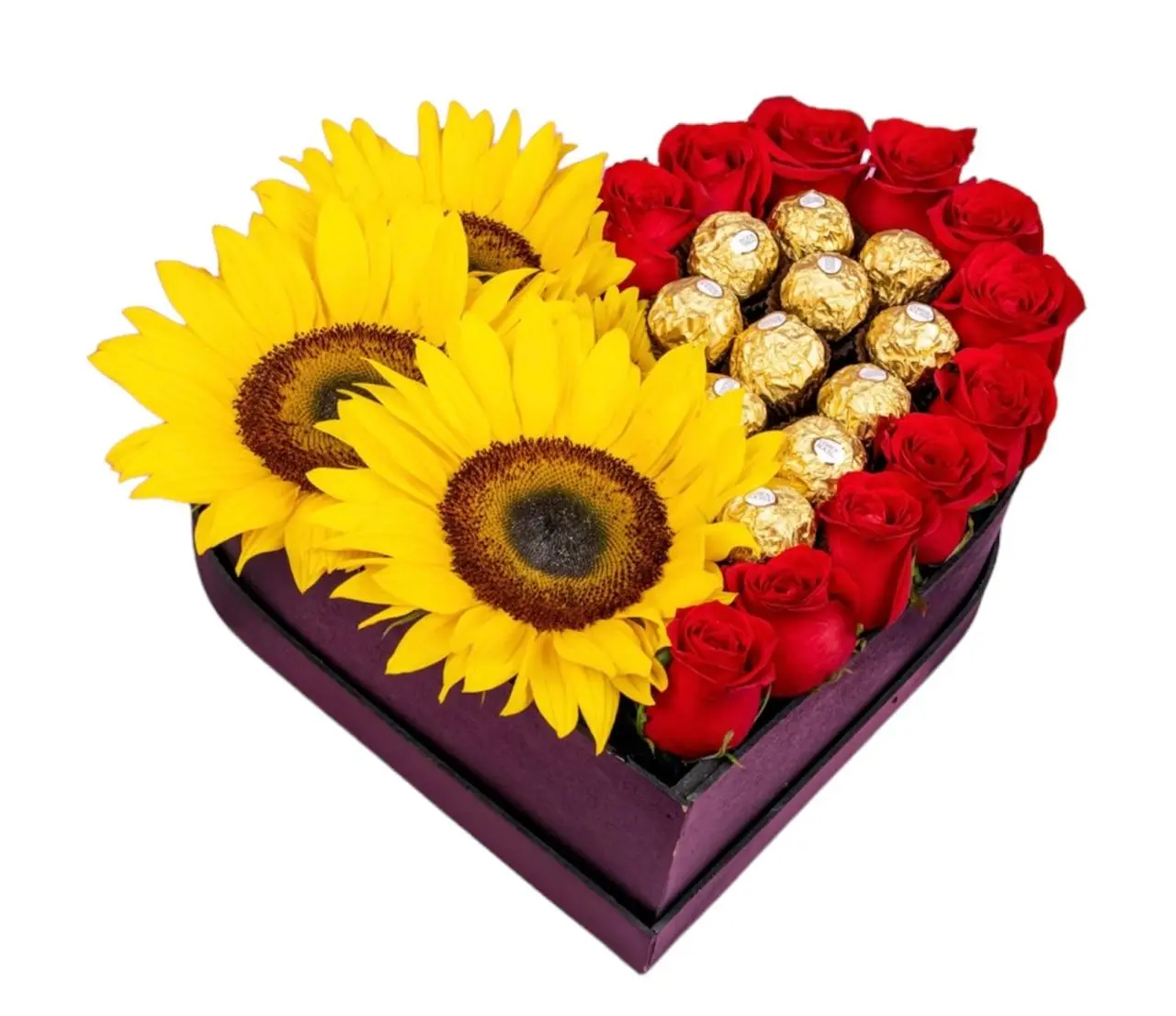 Flores Corazón De Rosas Rojas, Girasoles Y Chocolates Ferrero — Romance. Arreglo floral de Flores Les Roses con envío a domicilio en Bogotá.