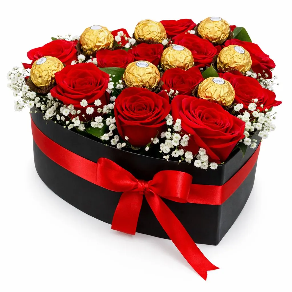Flores De Rosa En Caja De Corazón, 24 Rosas Y Ferreros X8 — Romance. Arreglo floral de Flores Les Roses con envío a domicilio en Bogotá.