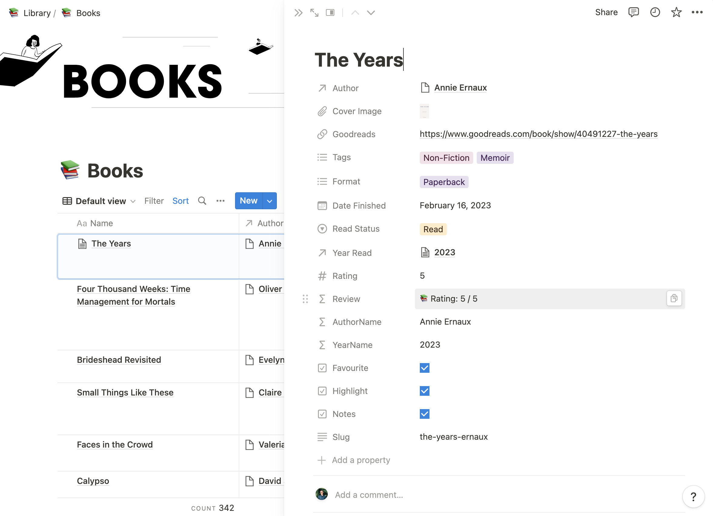 Screenshot of my Notion book database setup