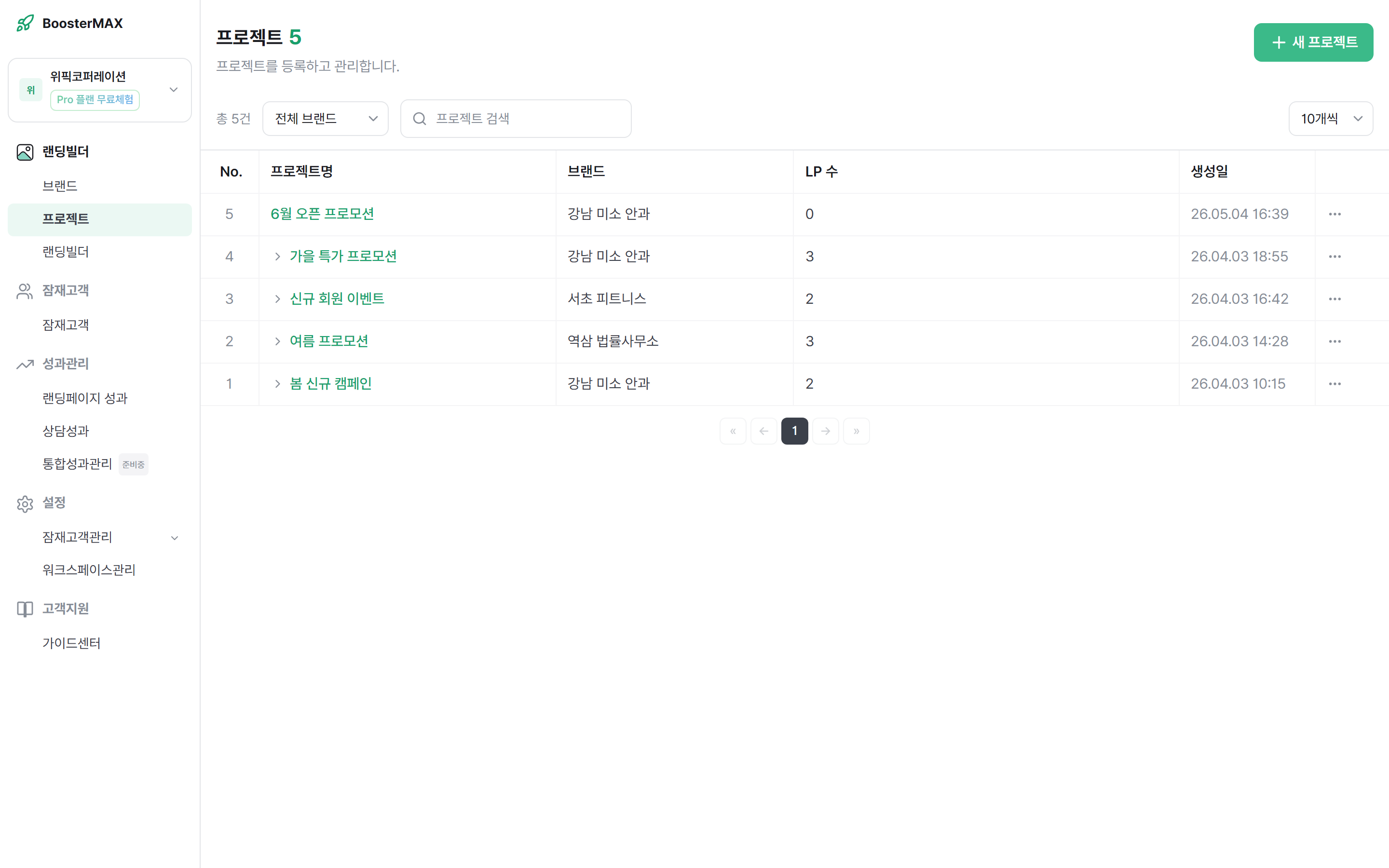 프로젝트가 추가된 목록