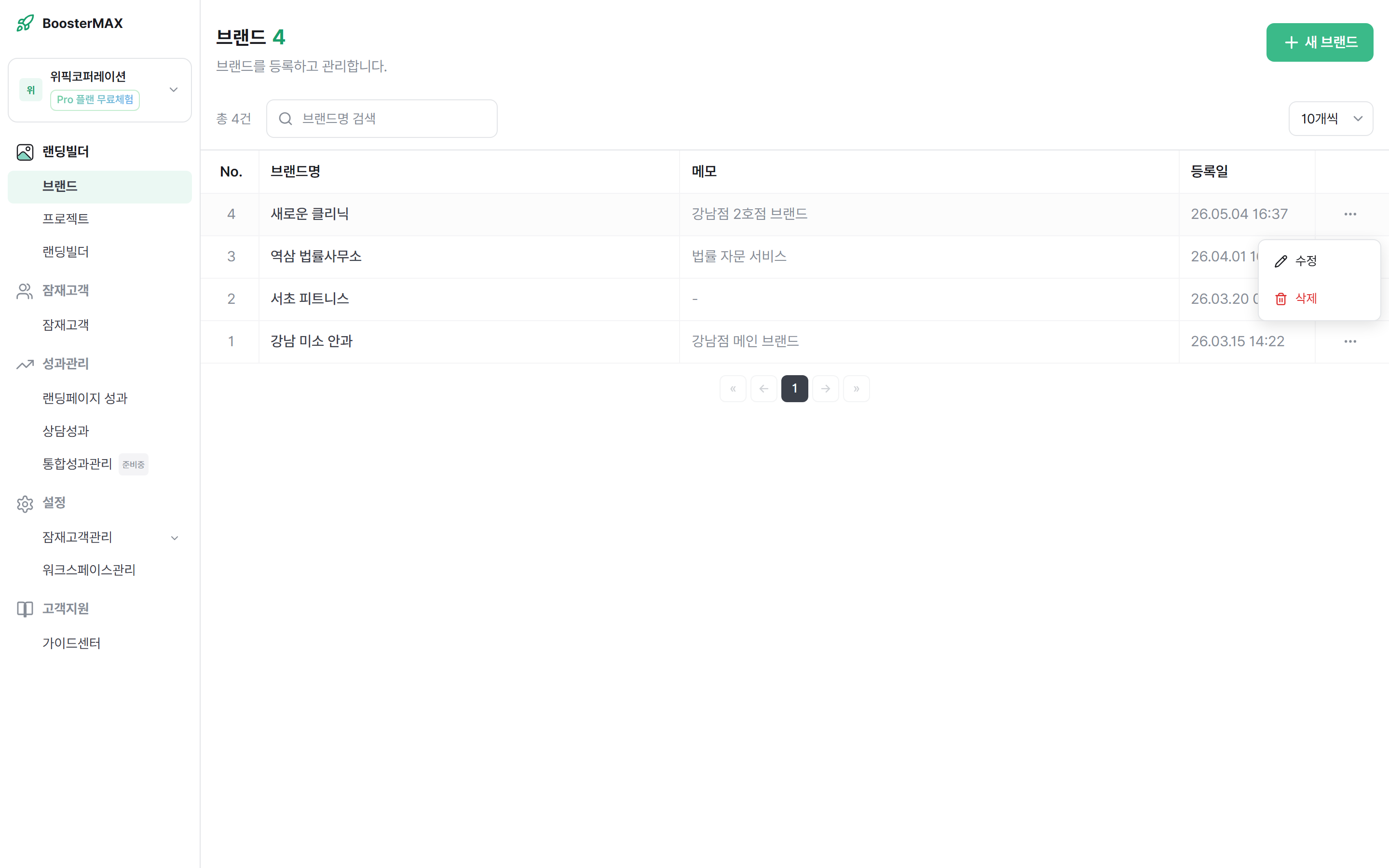 브랜드 관리 메뉴