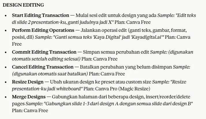 Hasil prompt peta fitur — Design Editing section