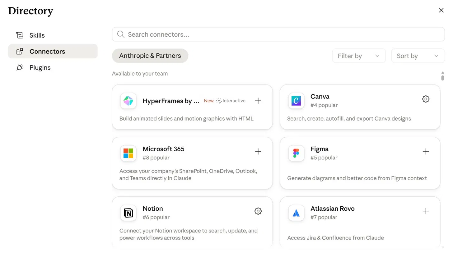 Directory Claude — tab Connectors, Canva #4 popular