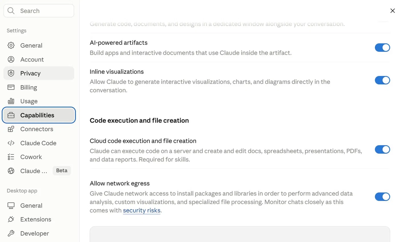 Settings Claude — tab Capabilities, toggle Code execution ON
