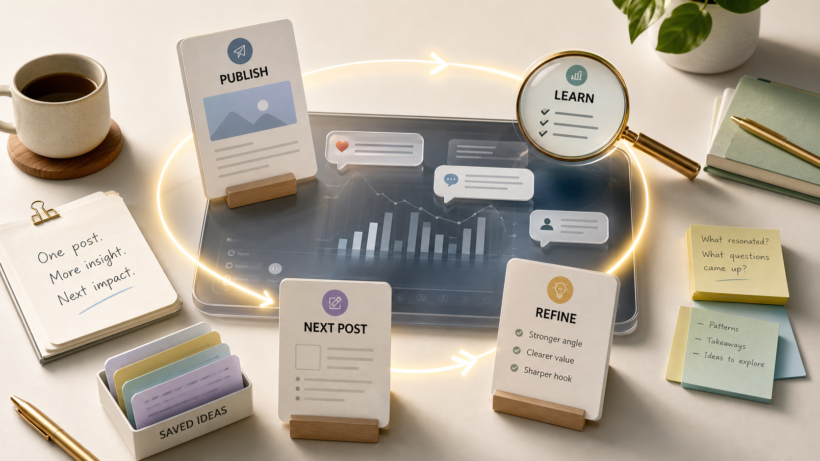 The stronger workflow is a loop: publish, learn, refine, and turn the signal into the next post.