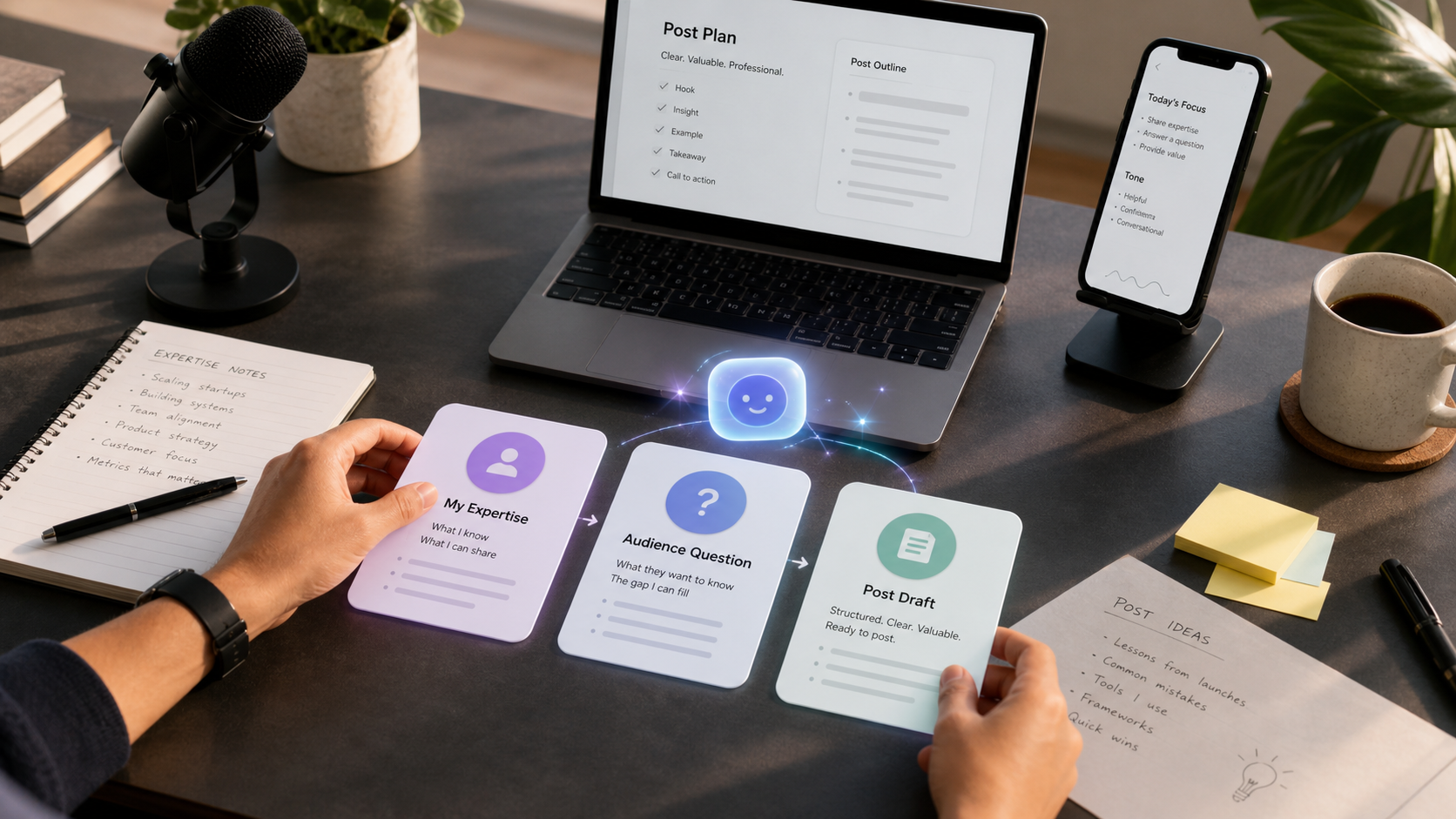 Trendy helps creators turn expertise, audience questions, and rough notes into post-ready professional content.