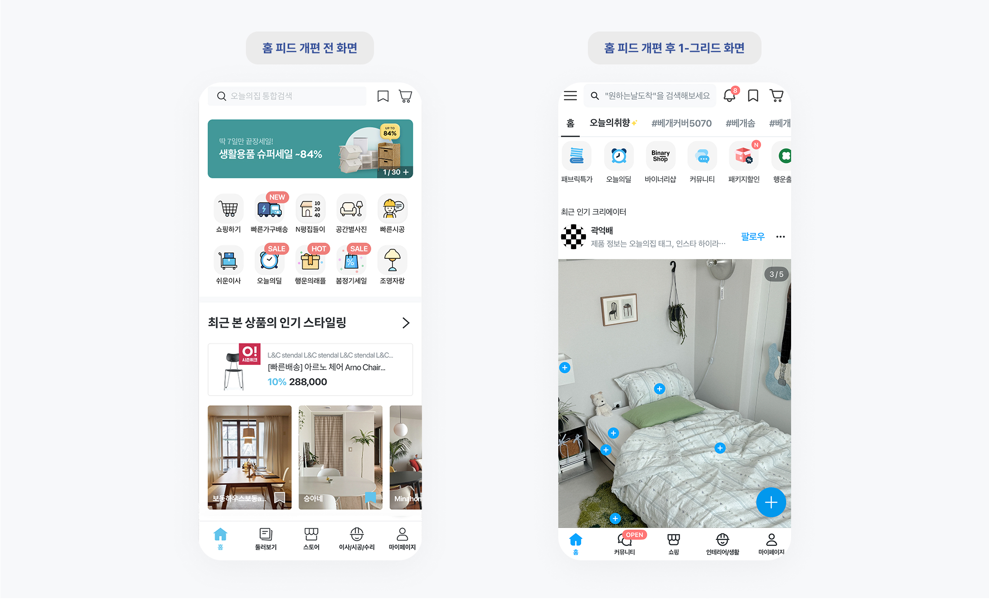 ▲ 홈 피드 개편 전/후 화면