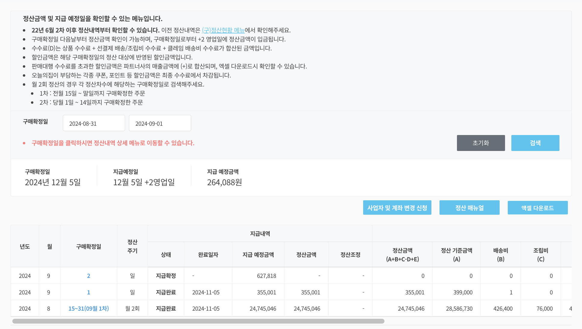 ▲ 오늘의집 O.rora 정산메뉴 - 일정산 도입 후 일별의 정산내역을 확인할 수 있다.