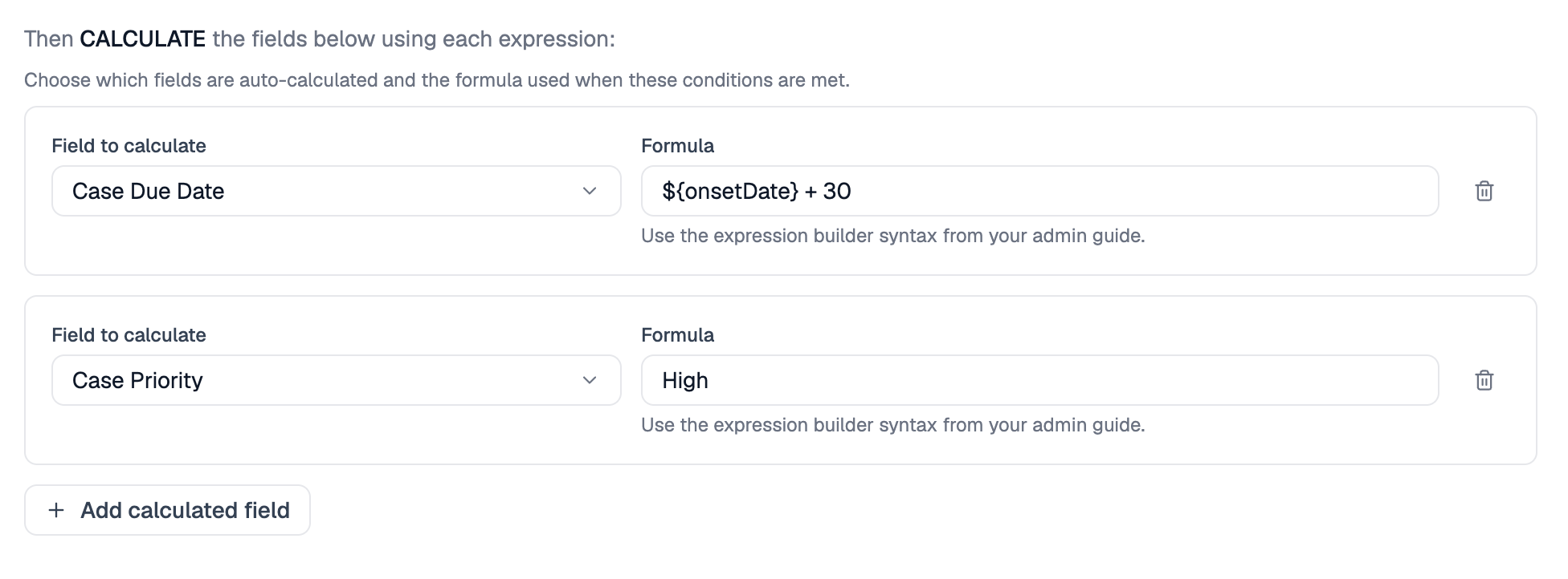 Example “Auto-calculation” action section of a rule