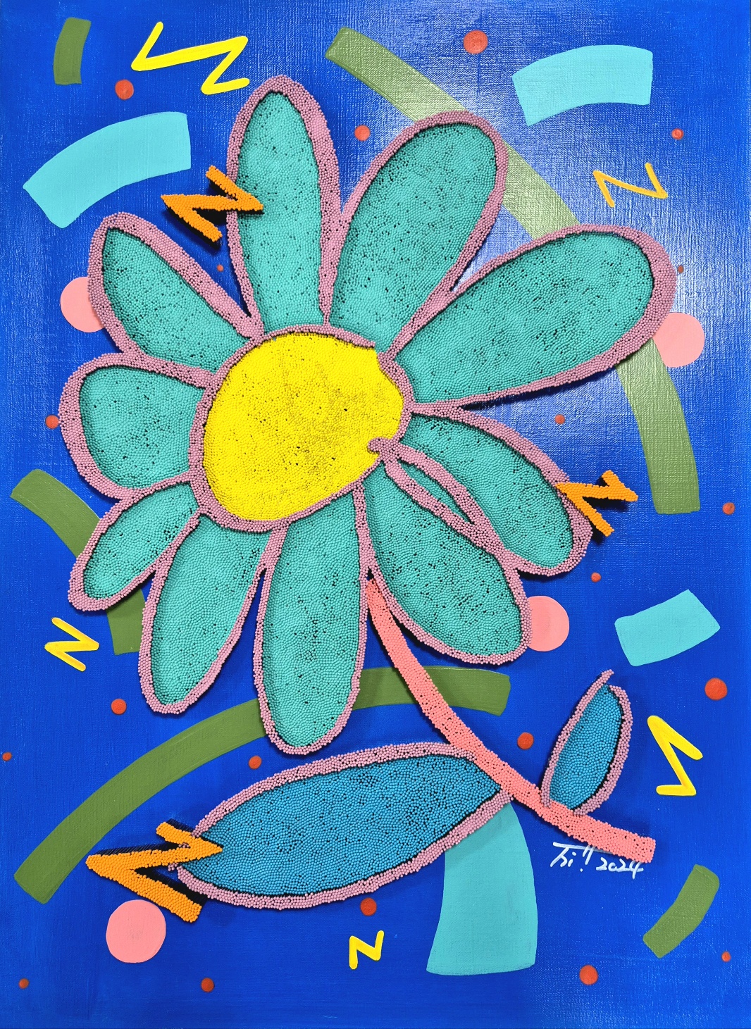 Flower-5, acrylic, pin on canvas 53x73x5cm, 2025