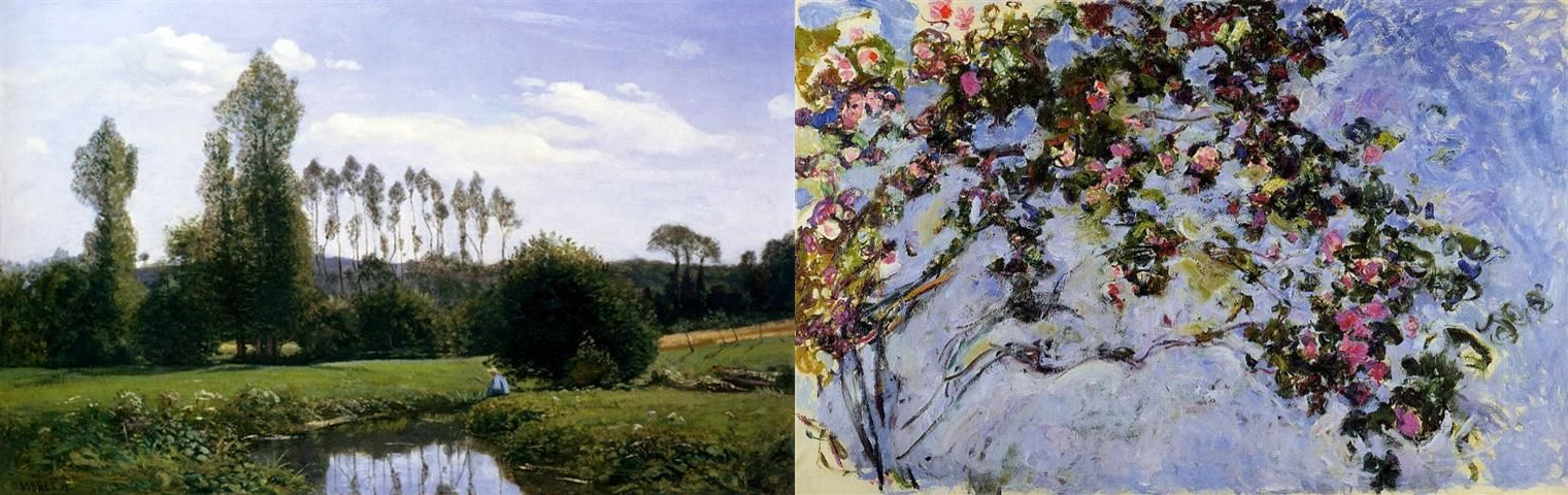 Monet, View at Rouelles (1858), Monet, The Rose Bush (1925-26)