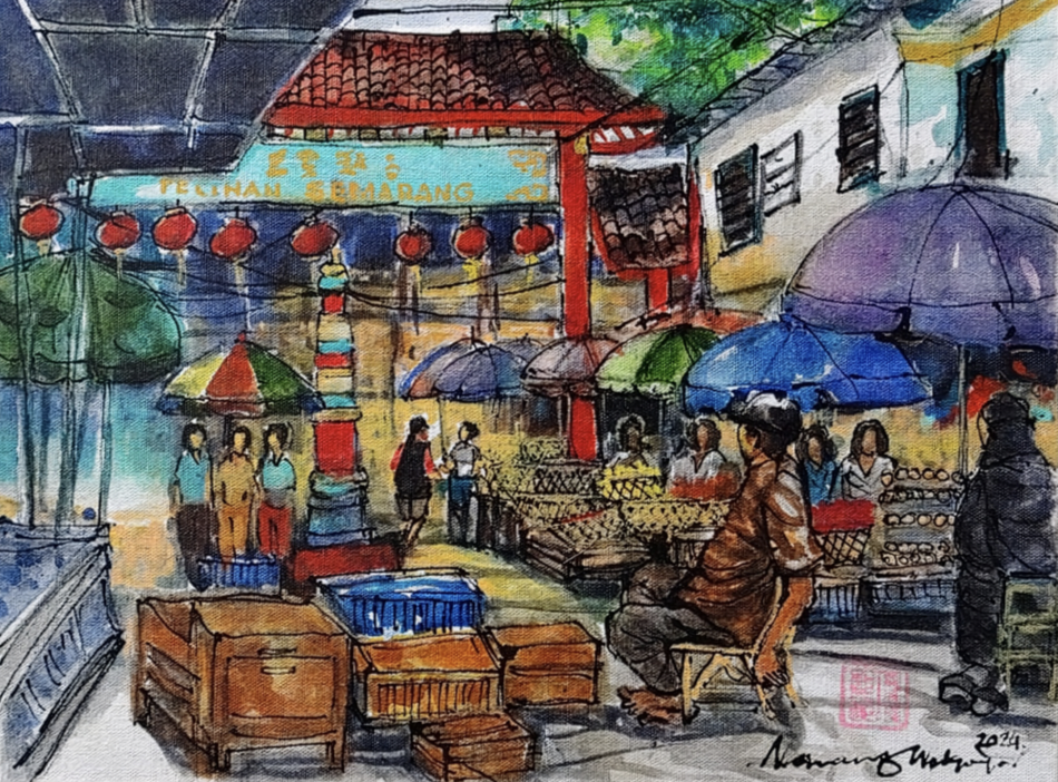 <Pecinan Market>, 30 × 40 cm, watercolour on canvas, 2024. A watercolour that captures the energy of the market and the texture of everyday life.