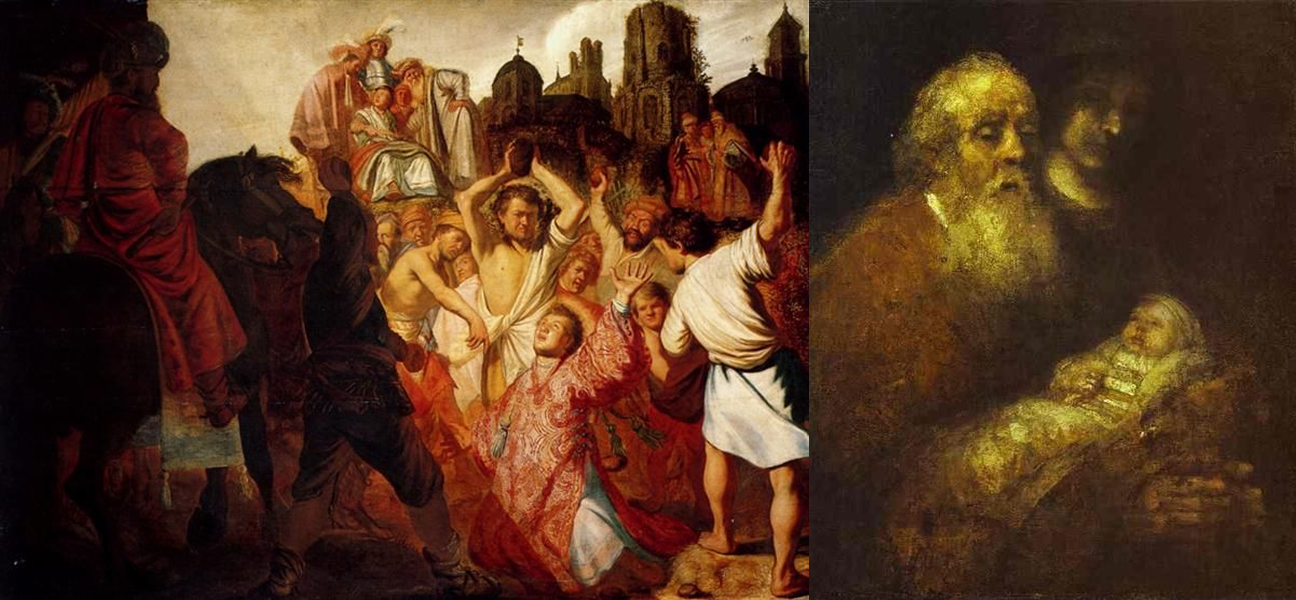 Rembrandt, The Stoning of Saint Stephen (1625), Rembrandt, Simeon in the Temple (1669)