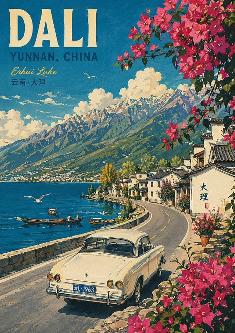 Vintage Dali Travel Poster with Erhai Lake