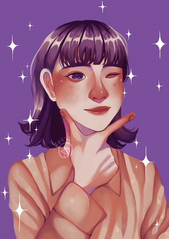 art of girl with short dark hair and yellow shirt