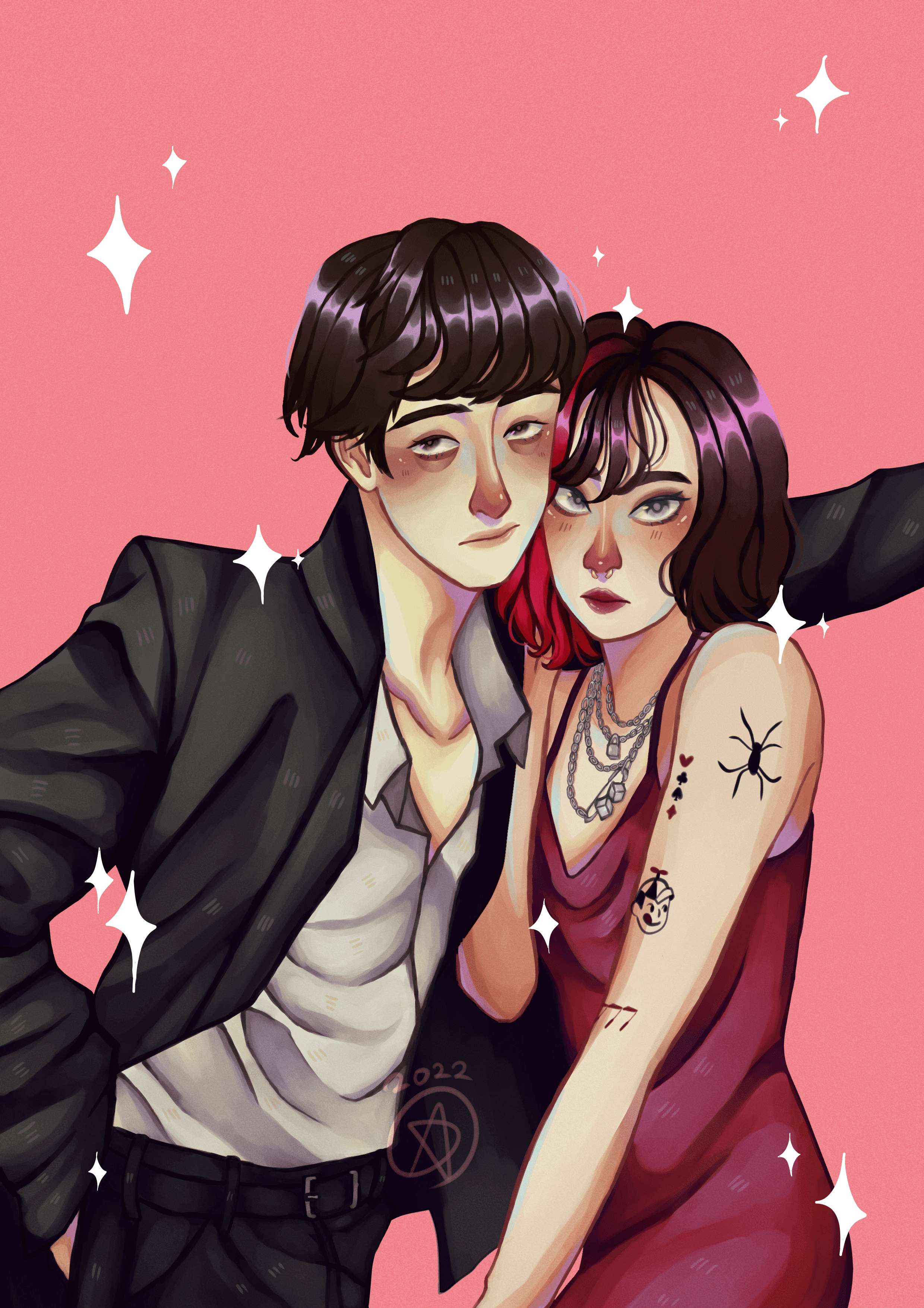 art of joji and woman with red dress and tattoos