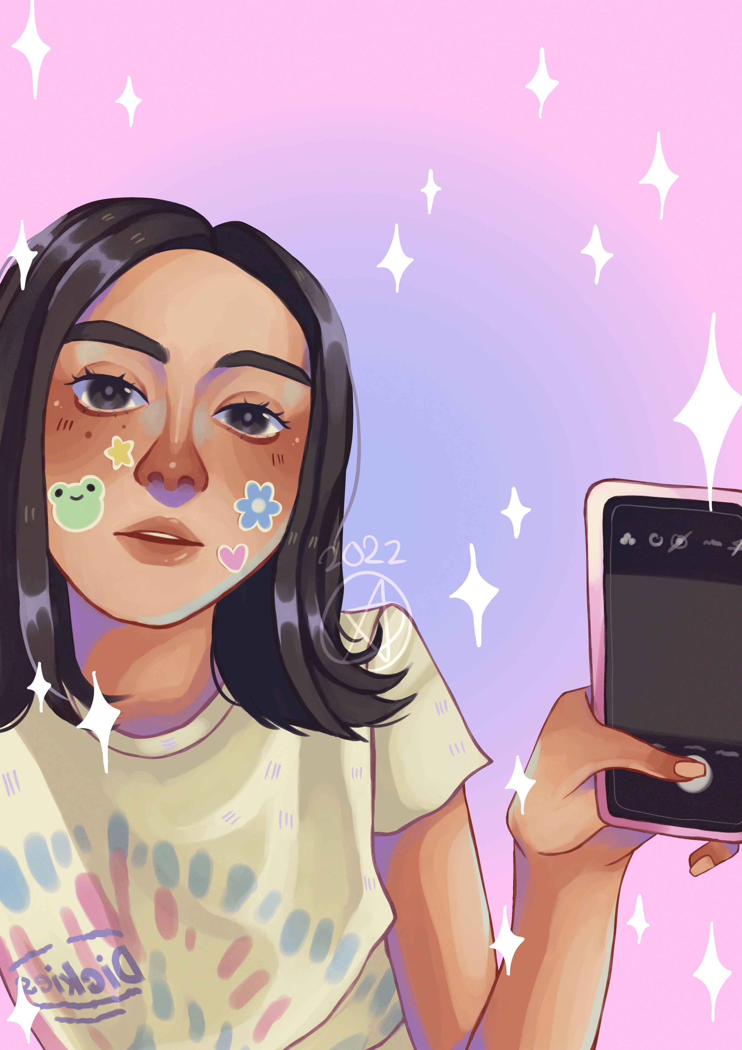 art of girl with short hair and tan skin holding a phone behind a pink and purple gradient background