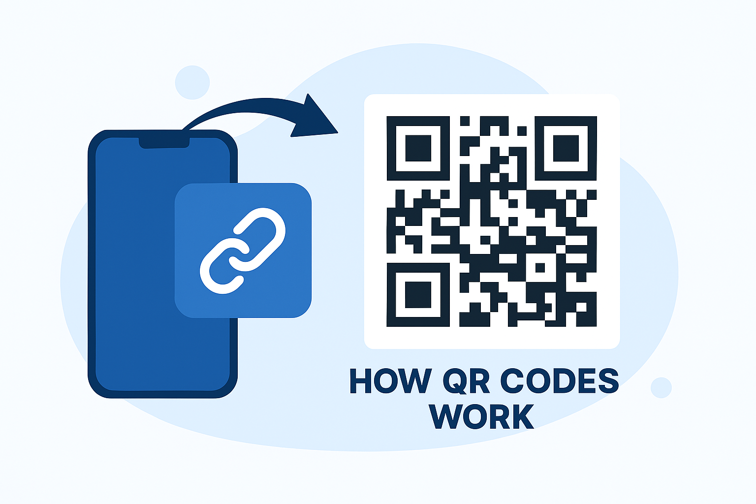 Smartphone with a link icon pointing to a QR code, symbolizing the technology behind QR code scanning and instant data access.