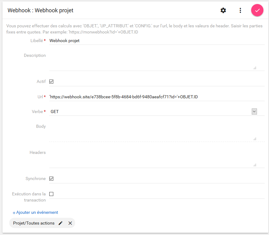 Figure 3 : paramétrage du Webhook
