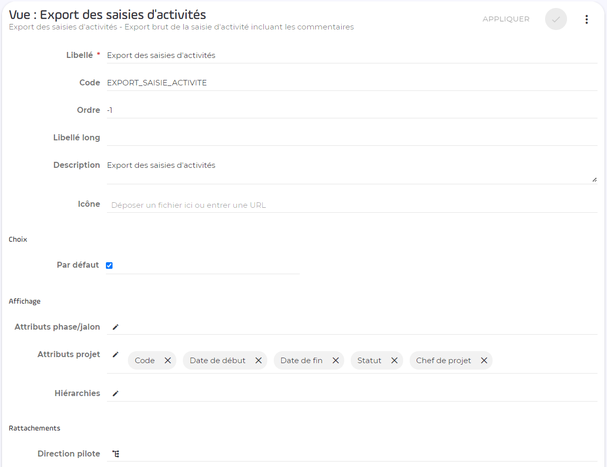 Formulaire de création d'une vue Export des saisies d'activités