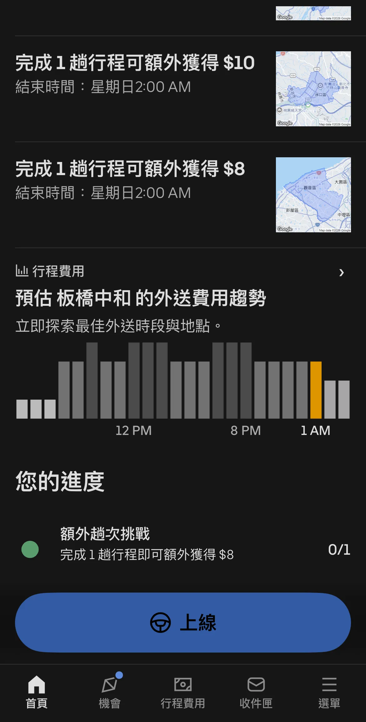 Uber Eats 駕駛端 App 費用趨勢與熱區地圖畫面