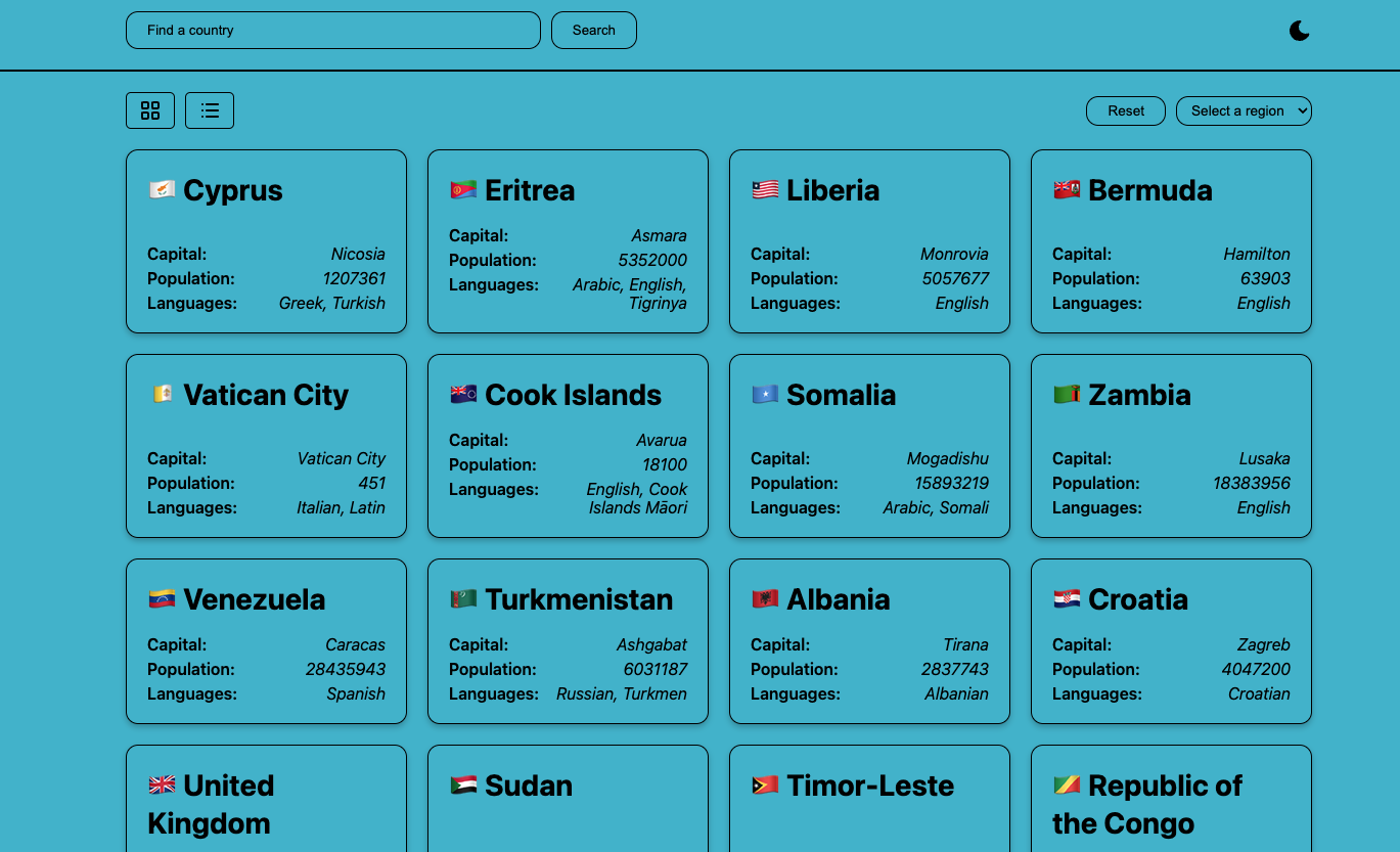 Previsualización del proyecto Info países