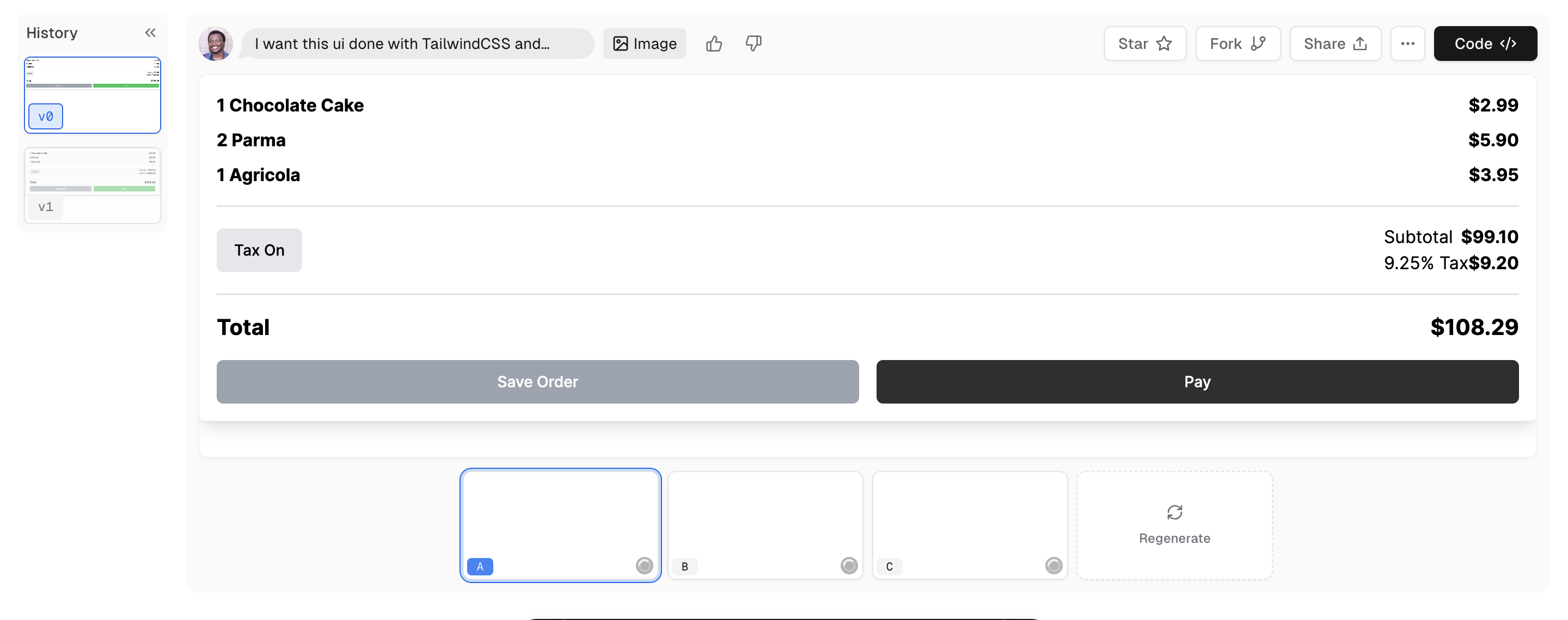 Using v0 to scaffold a POS UI using a reference image for inspiration
