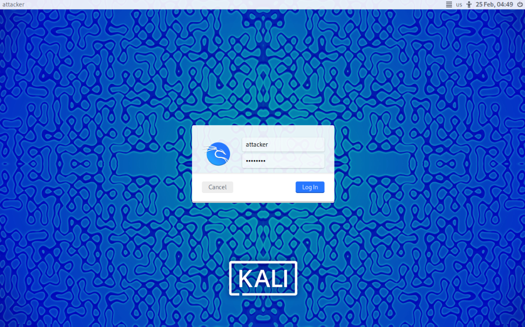 Attacker logging into the dedicated Kali Linux VM to launch operations against the internal lab network