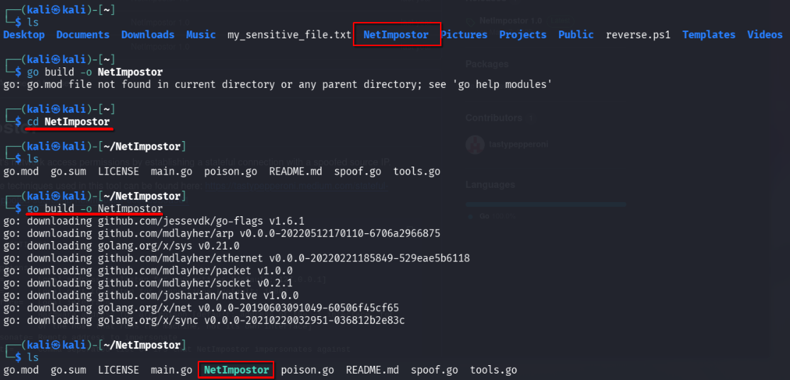 Running Go module commands and building the NetImpostor binary from source on Kali.