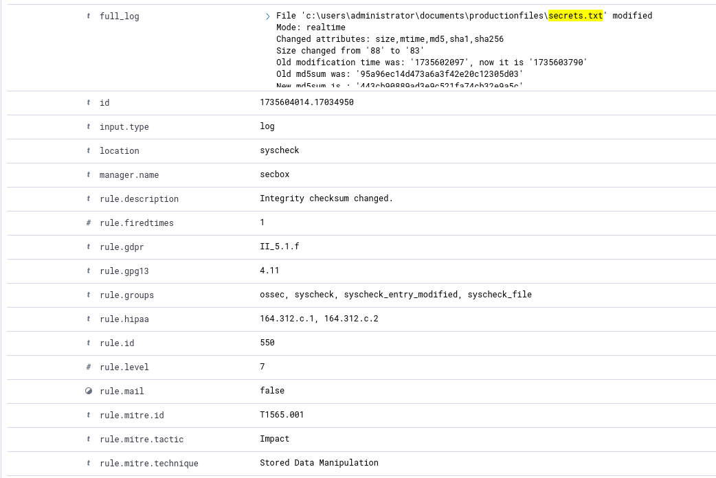 Review a sample syscheck event showing secrets.txt integrity changes.