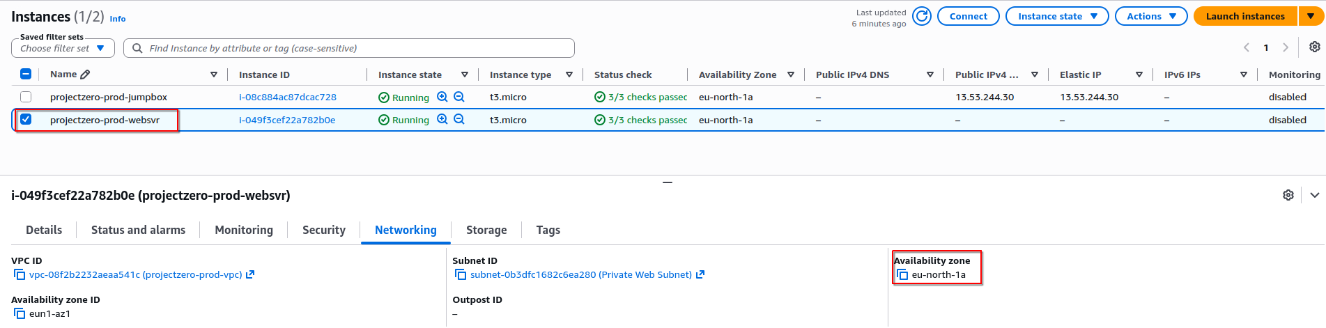 Verified projectzero-prod-websvr is deployed in eu-north-1a , establishing the required Availability Zone for the new EBS volume.