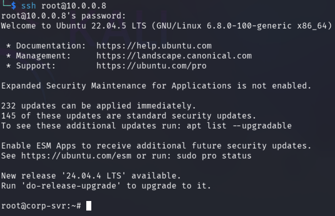 Successful SSH session as root on the internal project-zero-corp-svr host after the brute‑force attack, giving the attacker full control of the server.
nmap scan of linux-client