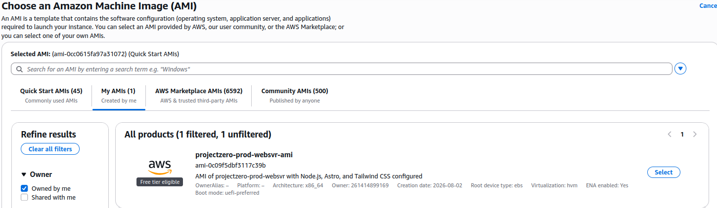 Selected the custom projectzero-prod-websvr-ami as the baseline image for the new EC2 instance.