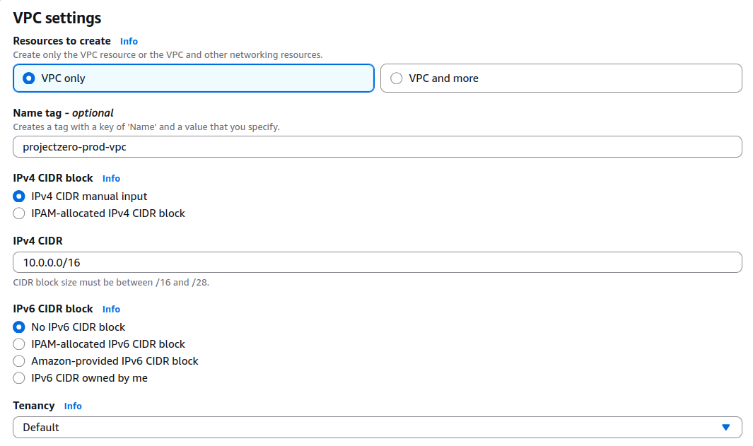 Created the ProjectZero production VPC with the 10.0.0.0/16 network range.
