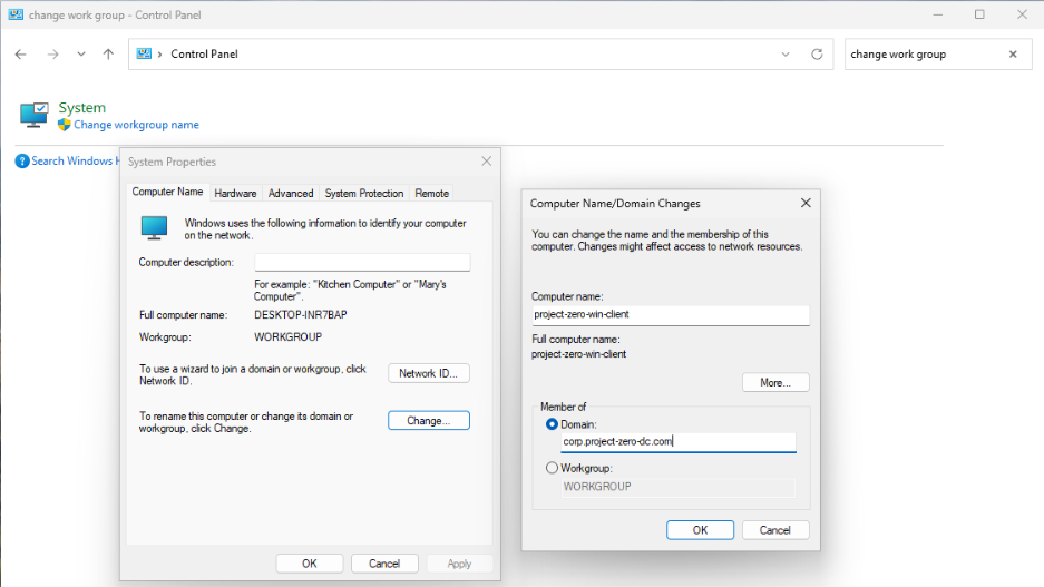 Windows 11 workstation project-zero-win-client joining the corp.project-zero-dc.com domain using a domain user account.