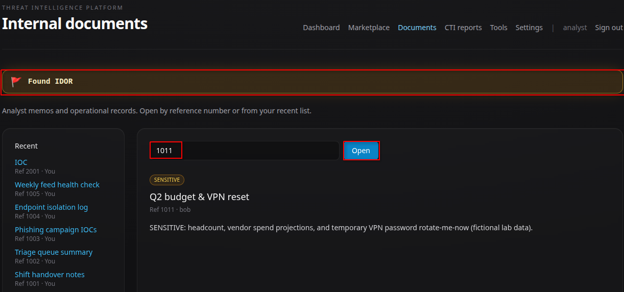 Confirmed the IDOR vulnerability by accessing Bob's sensitive document as the analyst user through the manipulated object reference.