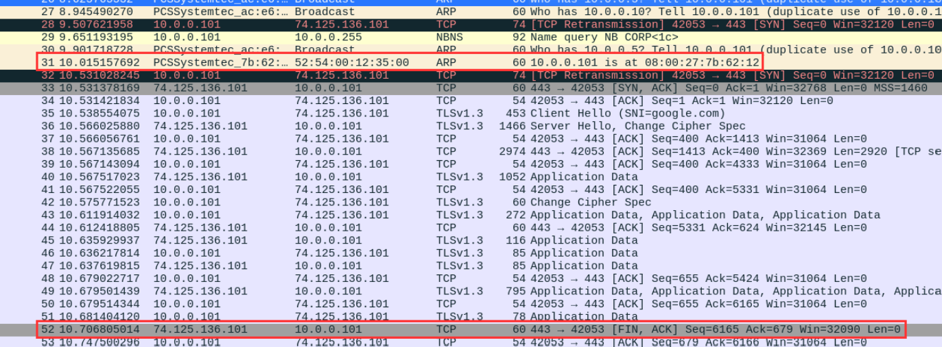 Wireshark trace confirming that encrypted HTTPS traffic to Google is leaving the network with source IP 10.0.0.101, not Kali’s real address.