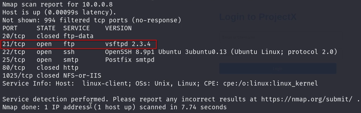 nmap -Pn -sV 10.0.0.8 results confirming that vsftpd 2.3.4 is running on FTP port 21 of the target.