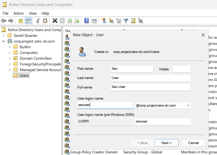 secuser account created in Active Directory under the Users container, providing a dedicated identity for security operations across the domain.