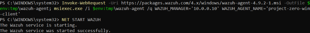 Executing the Wazuh agent installation command and starting the service on project-zero-win-client .